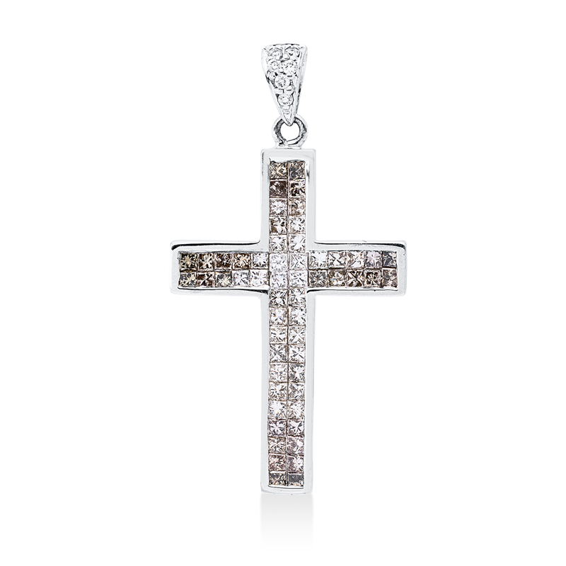 Anhänger 18 kt WG, mit Öse, 6 Brill. 0,05 ct, TW-si, 62 Princ. 1,00 ct, braun