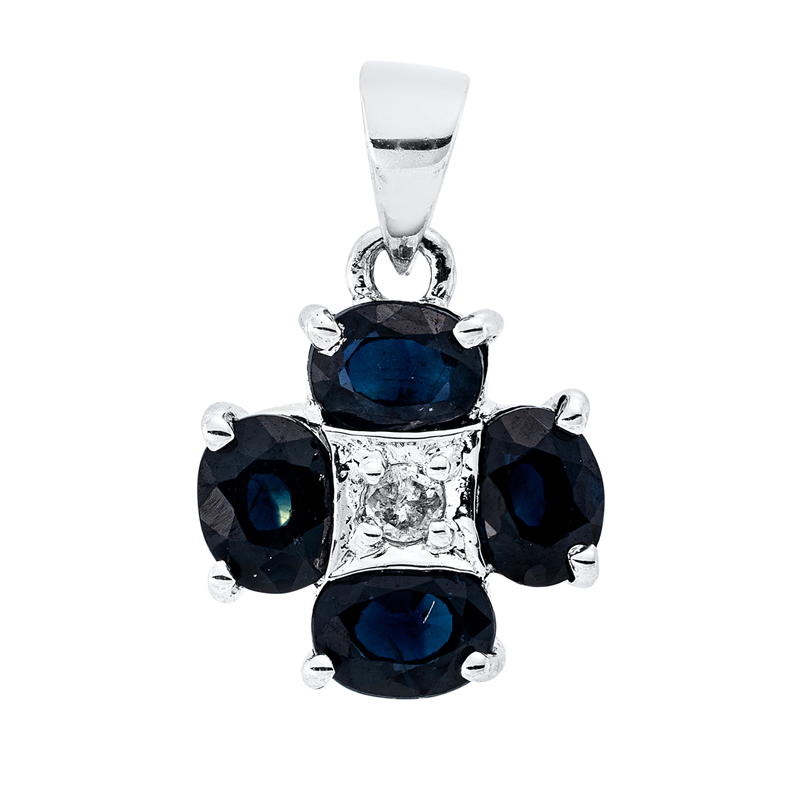 Anhänger 18 kt WG, mit Öse, 1 Brill. 0,05 ct, W-pi, 4 Saphire 1,40 ct blau