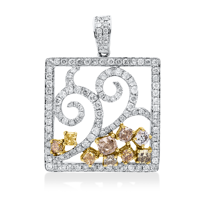 Anhänger 18 kt WG+GG, mit Öse, 9 Fant-Schl. 1,35 ct, fancy-si, 122 Brill. 1,49 ct, F-pi