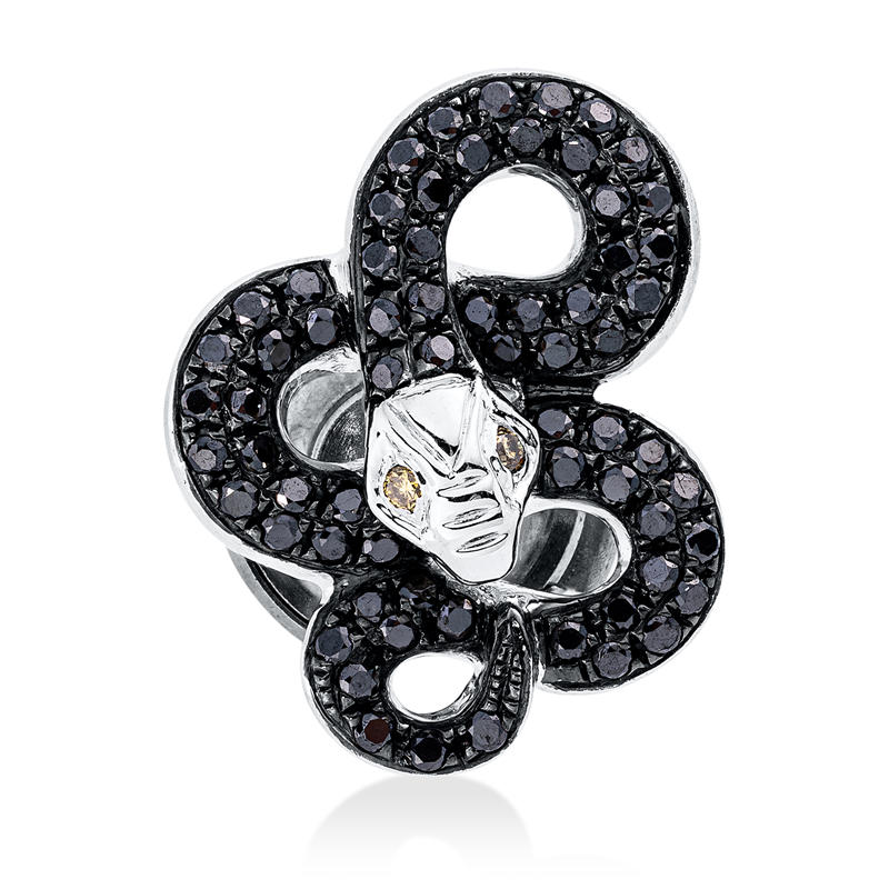 Brosche 18 kt WG, Fassung teils schwarz rhodinie, 2 Brill. 0,02 ct, gelb, 68 Brill. 0,41 ct, schwarz