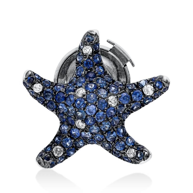Brosche 18 kt WG, Fassung teils schwarz rhodinie, 8 Brill. 0,08 ct, F-pi, 79 Saphire 0,92 ct blau
