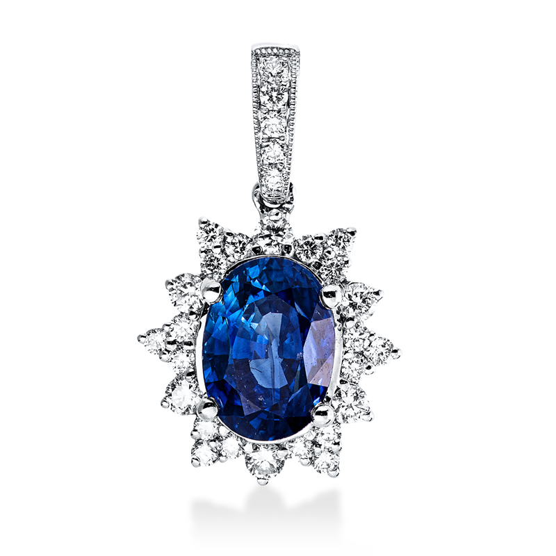 Anhänger 18 kt WG, mit Öse, 29 Brill. 0,38 ct, F, 1 Saphir 3,26 ct blau