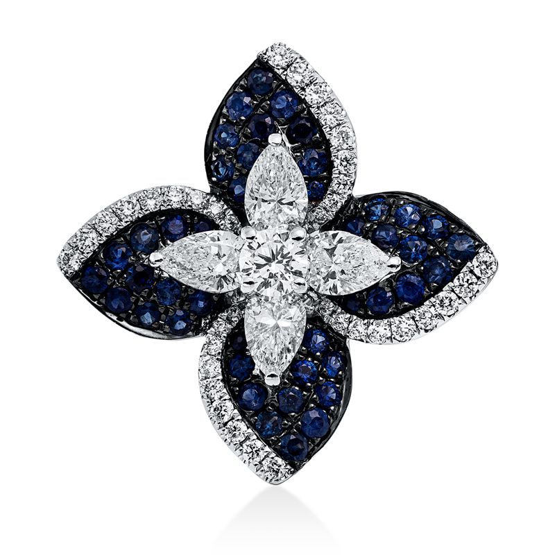 Anhänger 18 kt WG, Fassung teils schw rhod, 4 Tro 0,56 ct, 37 Brill. 0,25 ct, F-vsi, 44 Sap 0,45 ct