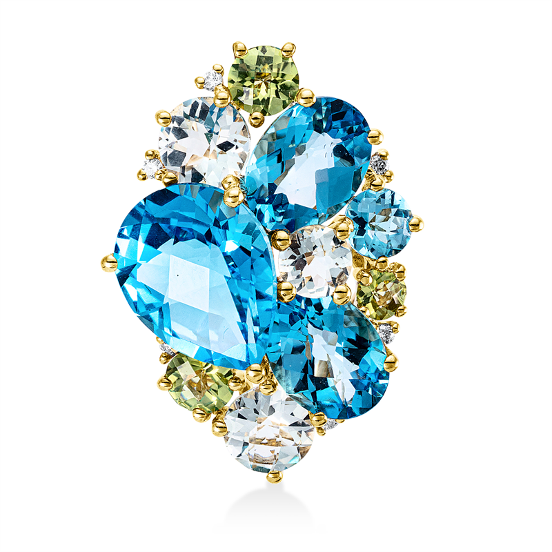 Anhänger 18 kt GG, 6 Brill. 0,05 ct, TW-si, 6 Fant-Schl 2,10 ct multi-color, 4 Topase 7,30 ct blau