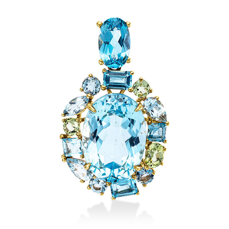 Anhänger 18 kt GG, 11 Topase 3,20 ct multi- blue, 1 Topas 7,70 ct sky blue, 3 Peridot 0,50 ct grün