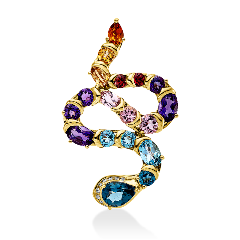 Anhänger 18 kt GG, 10 Brill. 0,05 ct, TW-si, 18 Fant-Schl 5,40 ct multicolor