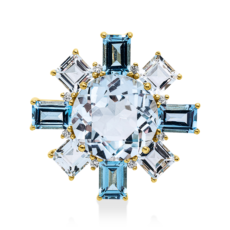 Anhänger 18 kt GG, 8 Brill. 0,08 ct, TW-si, 5 Topase 8,40 ct sky blue, 4 Topase 1,80 ct blau
