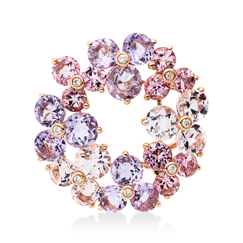 Anhänger 18ktRG, 8 Brill. 0,06ct, TW-si,6 Morganit 2,10ct rosa,9 Am 3,10ct pink,9 Turmalin 1,90ct pink