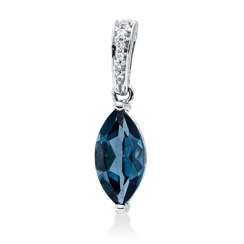 Anhänger 14 kt WG, mit Öse, 6 Brill. 0,02 ct, TW-pi, 1 Topas 1,16 ct Lond. blue