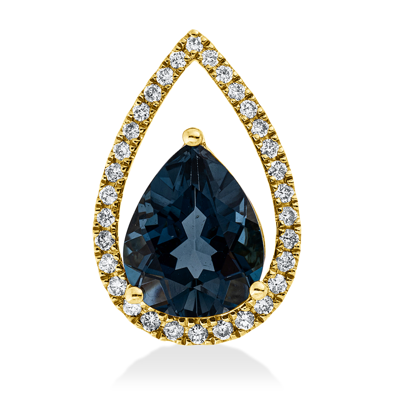 Anhänger 14 kt GG, 32 Brill. 0,21 ct, W-si/pi, 1 Topas 2,78 ct Lond. blue