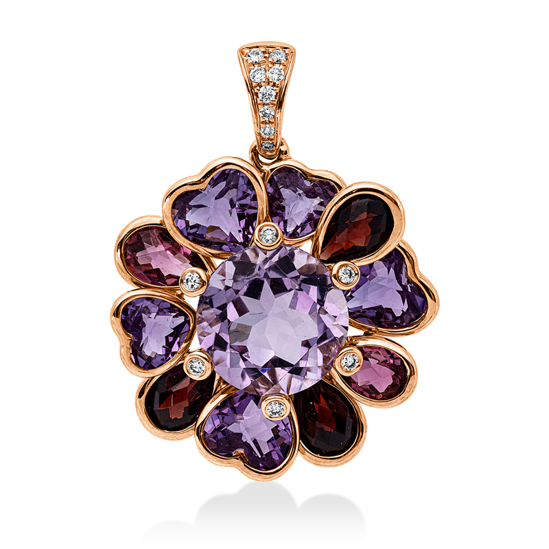 Anhänger 18 kt RG, 14 Brill. 0,10 ct, TW-pi, 1 Amethyst 3,80 ct pink, 10 Farbsteine 5,70 ct multicolor