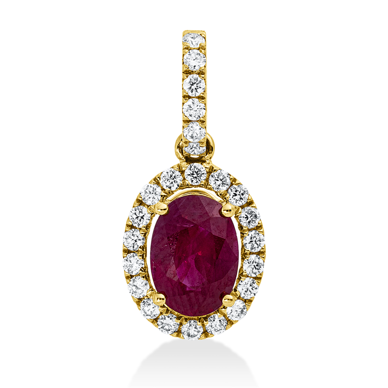 Anhänger 18 kt GG, mit Öse, 24 Brill. 0,20 ct, TW-si, 1 Rubin 1,01 ct rot