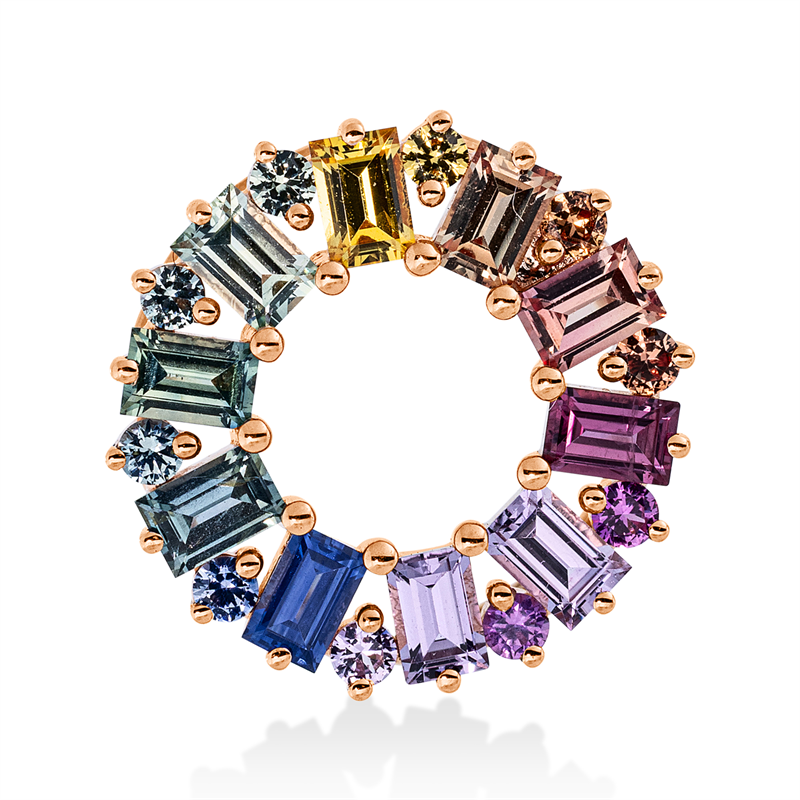Anhänger 18 kt RG, 10 Saphire 0,90 ct multicolor, 10 Saphire 0,17 ct multicolor