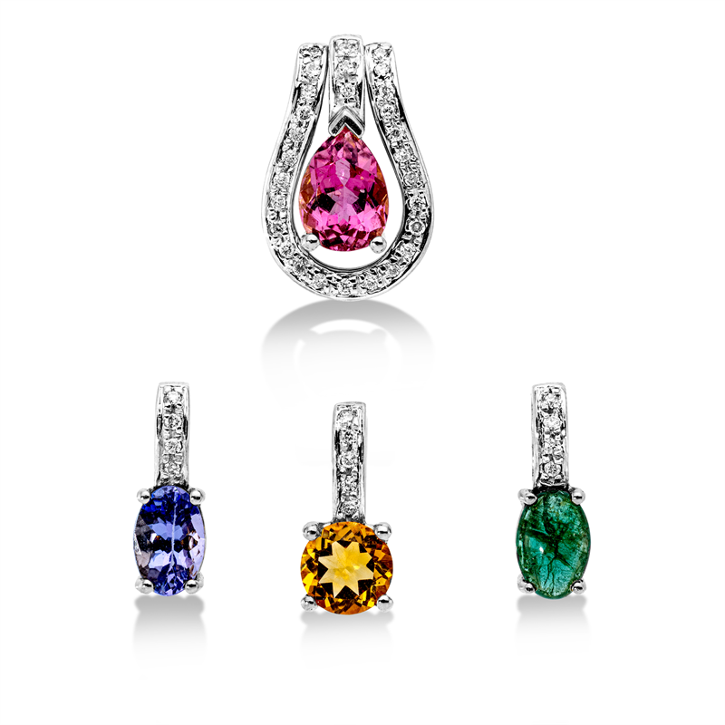 Anhänger 18 kt WG, 5 pcs of pendant, 41 Brill. 0,13 ct, F-si, 4 Farbsteine 2,46 ct multicolor