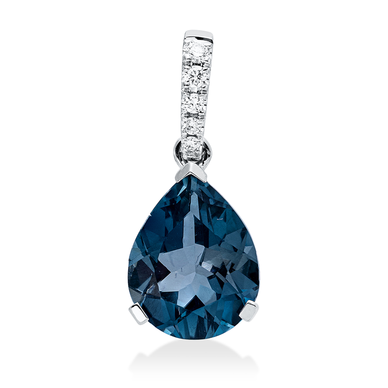 Anhänger 18 kt WG, mit Öse, 5 Brill. 0,06 ct, TW-si, 1 Topas 3,00 ct Lond. blue