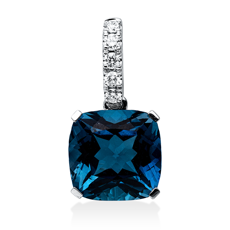 Anhänger 18 kt WG, mit Öse, 5 Brill. 0,12 ct, TW-si, 1 Topas 6,20 ct Lond. blue