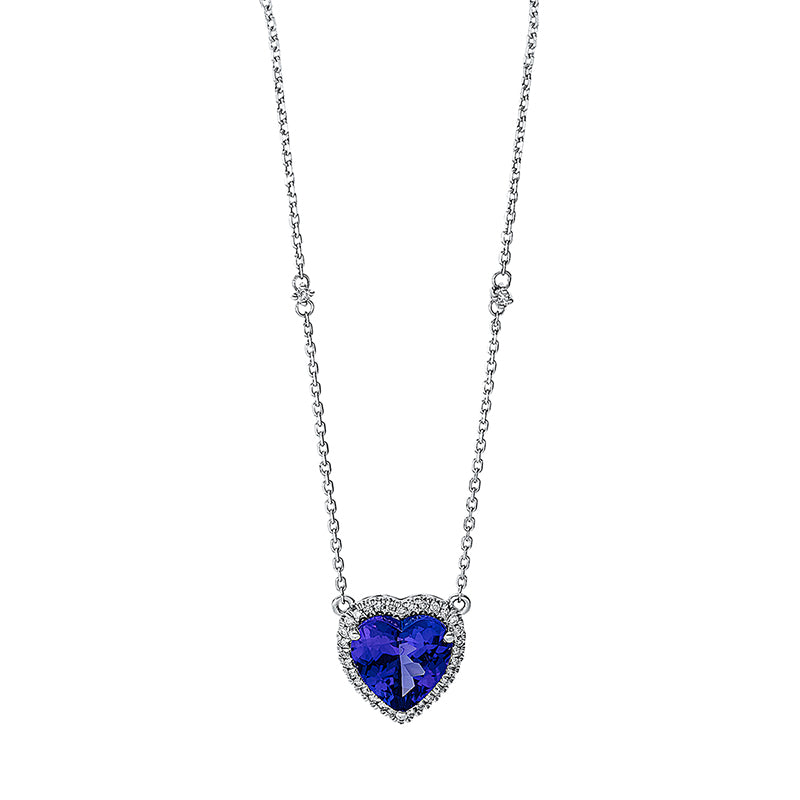 Collier 14 kt WG, mit ZÖ 40 cm + 43 cm, 32 Brill. 0,11 ct, TW-si, 1 Tansanit 2,49 ct blau