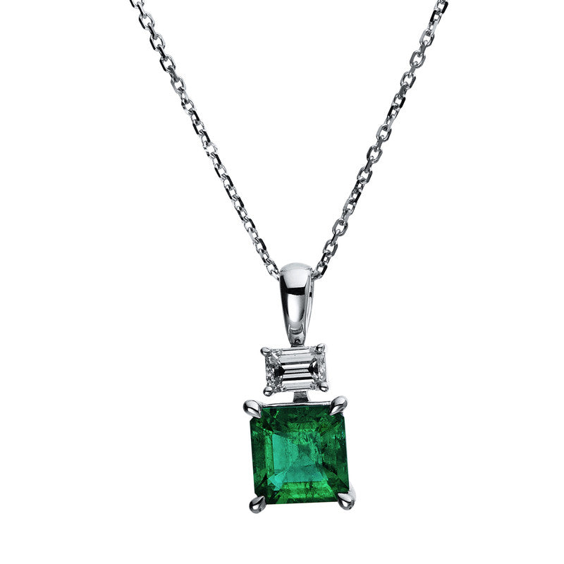 Collier 18 kt WG, mit Öse, 1 Bag. 0,30 ct, TW-si, 1 Smaragd 1,18 ct grün