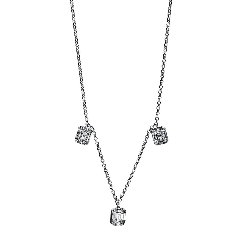 Collier 18 kt WG, mit ZÖ 38 cm + 40,6 cm, 15 Bag. 0,20 ct, TW-si, 12 Brill. 0,02 ct, TW-si