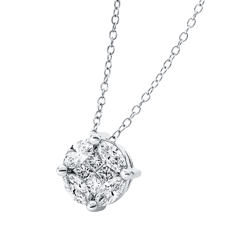 Collier 18 kt WG, mit ZÖ 40,5 cm + 38,0 cm, 4 Nav. 0,38 ct, TW-si, 4 Princ. 0,17 ct, TW-si