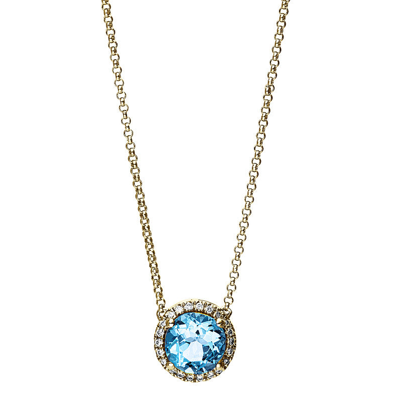 Collier 18 kt GG, mit ZÖ 40,6 cm, 22 Brill. 0,10 ct, TW-si, 1 Topas 1,70 ct blau