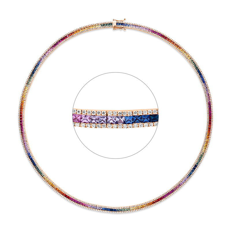 Collier 18 kt RG, 690 Brill. 2,94 ct, TW-si, 207 Saphire 10,41 ct fancy