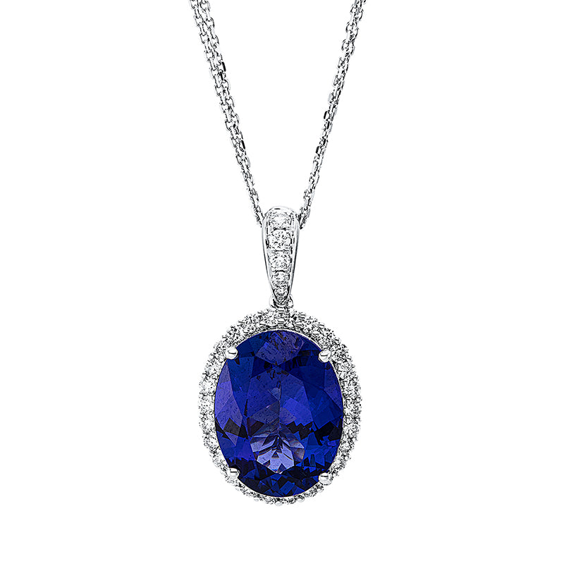 Collier 18 kt WG, mit ZÖ 40 cm + 43 cm, 35 Brill. 0,95 ct, TW-si, 1 Tansanit 11,03 ct blau