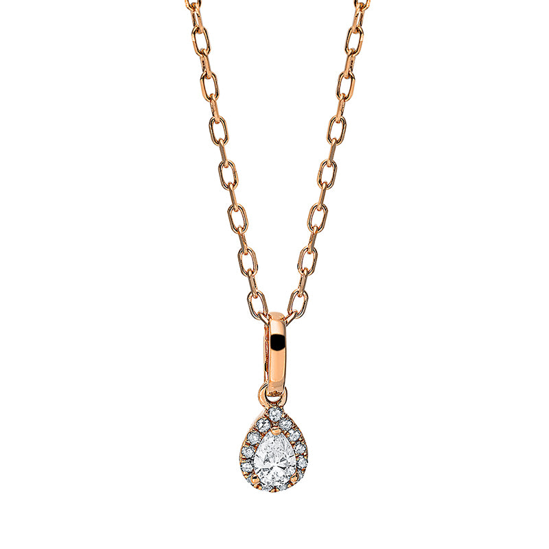 Collier 14 kt RG, mit ZÖ 40 cm + 43 cm, 1 Tropfen 0,10 ct, TW-vsi, 13 Brill. 0,03 ct, W-si