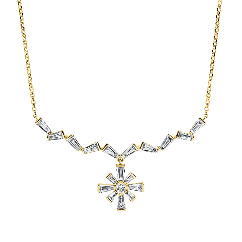 Collier 18 kt GG, mit ZÖ 40,6 + 43,1 cm, 18 Trap. 0,58 ct, TW-si, 1 Brill. 0,04 ct, TW-si
