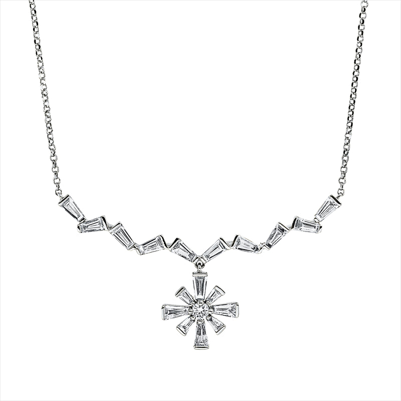 Collier 18 kt WG, mit ZÖ 40,6+43,1 cm, 18 Trap. 0,60 ct, TW-si, 1 Brill. 0,04 ct, TW-si