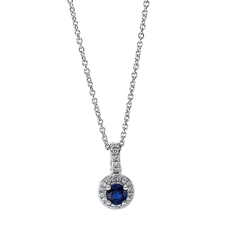 Collier 18 kt WG, mit ZÖ 40 cm + 42.5 cm, 21 Brill. 0,09 ct, TW-si, 1 Saphir 0,35 ct blau