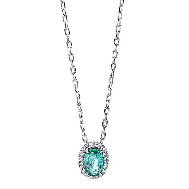 Collier 18 kt WG, mit ZÖ 40 cm + 43 cm, 16 Brill. 0,07 ct, TW-si, 1 Smaragd 0,45 ct grün