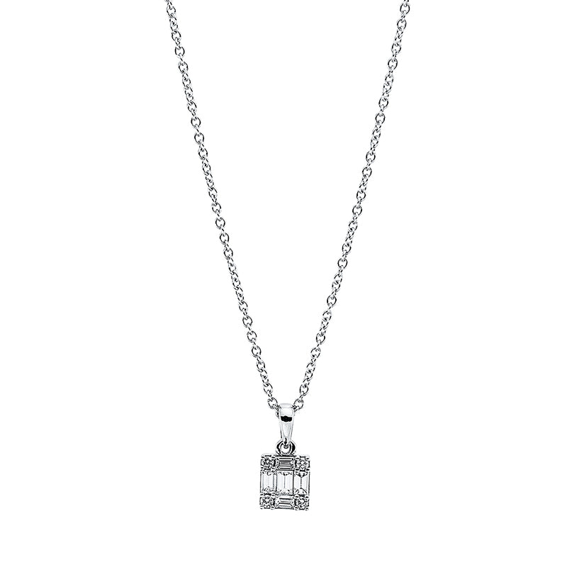 Collier 18 kt WG, mit ZÖ 42 cm, 2 Bag. 0,07 ct, TW-si, 3 Bag. 0,15 ct, TW-si, 4 Brill. 0,04 ct, TW-si