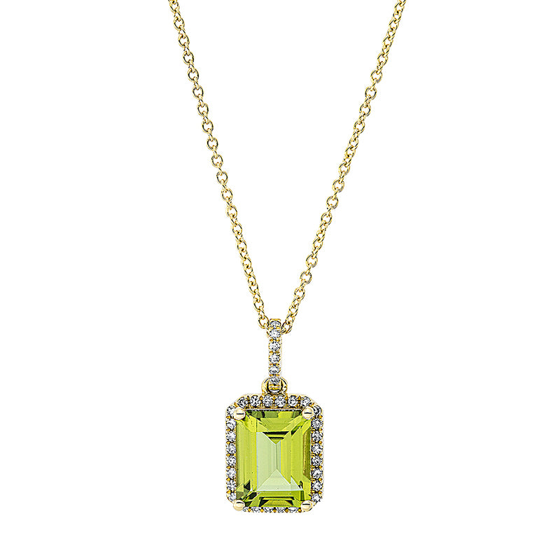 Collier 18 kt GG, mit ZÖ 42 cm, 34 Dia. 0,13 ct, TW-si, 1 Peridot 2,48 ct grün