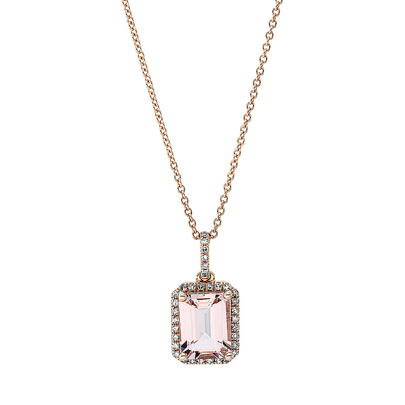 Collier 18 kt RG, mit ZÖ 42 cm, 34 Dia. 0,14 ct, TW-si, 1 Morganit 1,87 ct rosa