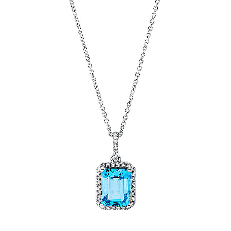 Collier 18 kt WG, mit ZÖ 42 cm, 34 Dia. 0,14 ct, TW-si, 1 Topas 2,97 ct blau