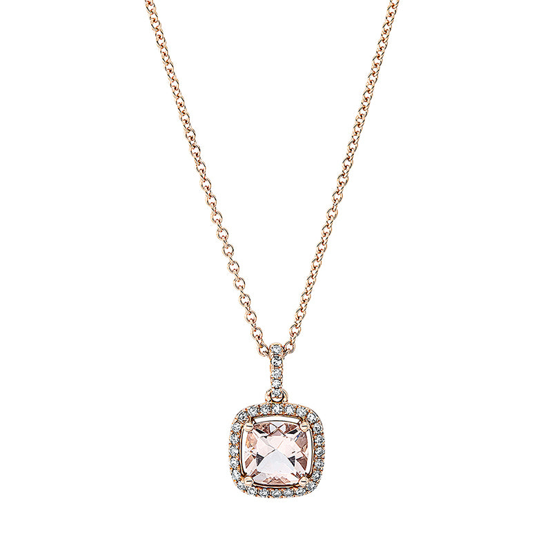 Collier 18 kt RG, mit ZÖ 42 cm, 29 Dia. 0,11 ct, TW-si, 1 Morganit 0,85 ct rosa