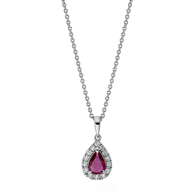 Collier 18 kt WG, mit ZÖ 42 cm, 14 Brill. 0,25 ct, TW-si, 1 Rubin 0,59 ct rot