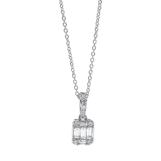Collier 18 kt WG, mit ZÖ bei 41 cm, 2 Bag. 0,03 ct, TW-si, 3 Bag. 0,14 ct, TW-si, 9 Brill. 0,10 ct, TW-si