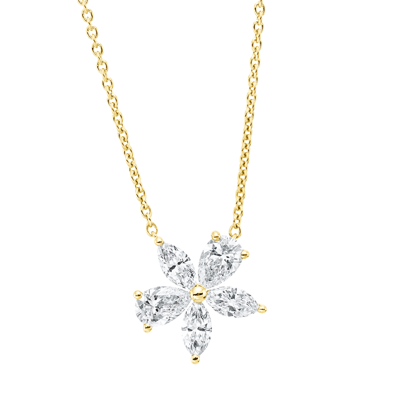 Collier 18 kt GG, mit ZÖ 40 cm + 43 cm, 2 Tropfen 0,53 ct, TW-si, 3 Nav. 0,44 ct, TW-si