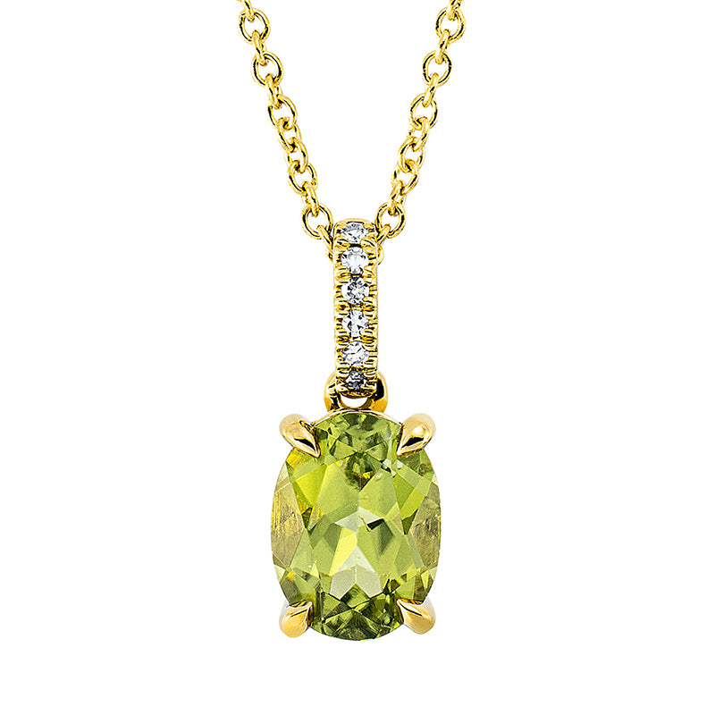 Collier 18 kt GG, mit ZÖ 42 cm, 6 Dia. 0,02 ct, TW-si, 1 Peridot 1,15 ct grün