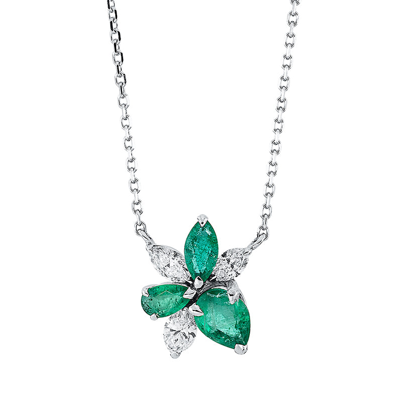 Collier 18 kt WG, mit ZÖ 42 cm, 3 Nav. 0,38 ct, TW-si, 3 Smaragde 1,00 ct grün