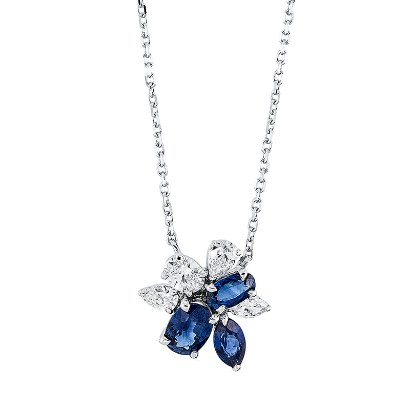 Collier 18 kt WG, mit ZÖ, 1 Oval 0,19 ct, 1 Nav. 0,09 ct, 2 Tropfen 0,20 ct, TW-si, 3 Saphire 1,32 ct