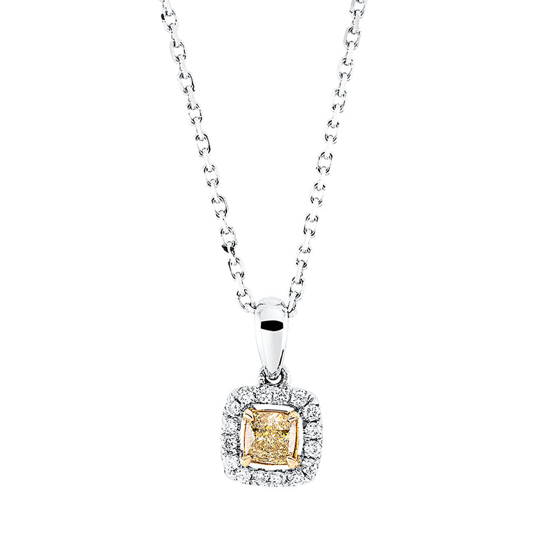 Collier 18 kt WG+GG, mit ZÖ 39 cm, 40,5cm, 16 Brill. 0,07 ct, TW-si, 1 Cushion 0,20 ct, gelb
