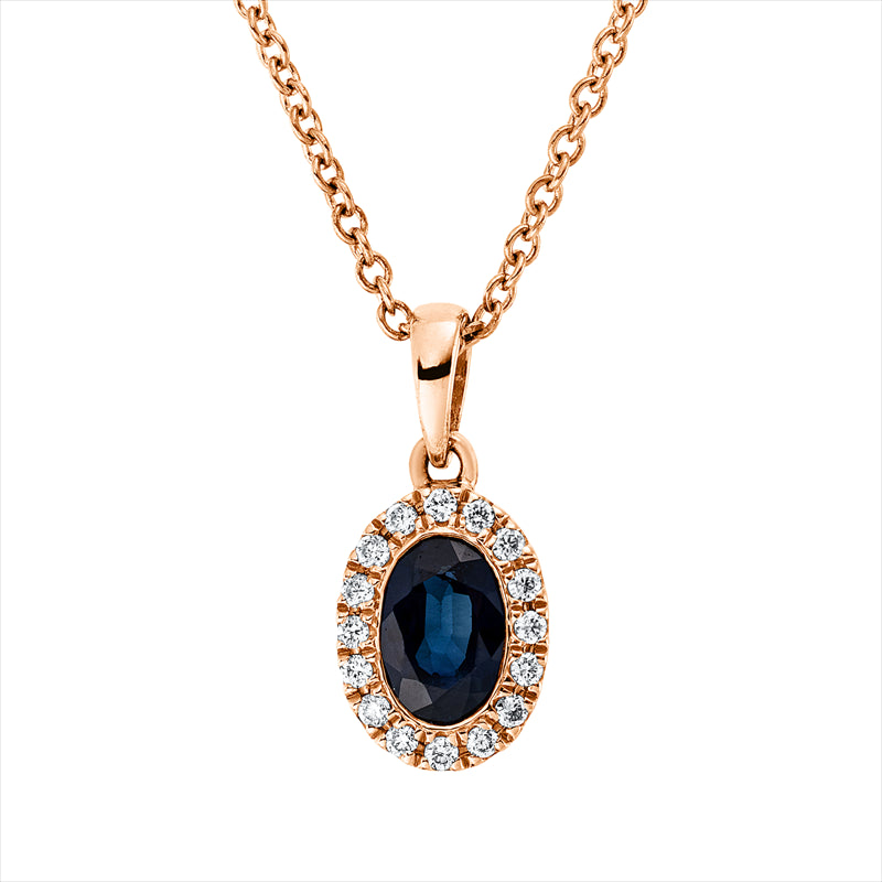 Collier 18 kt RG, mit ZÖ 42 cm, 16 Brill. 0,07 ct, TW-si, 1 Saphir 0,64 ct blau