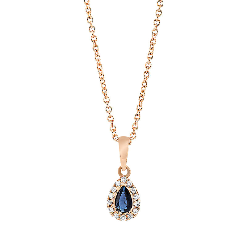 Collier 18 kt RG, mit ZÖ 42 cm, 14 Brill. 0,06 ct, TW-si, 1 Saphir 0,22 ct blau