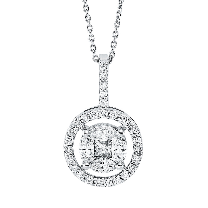 Collier 14 kt WG, mit Öse, 4 Nav. 0,17 ct, F-vsi, 1 Princ. 0,05 ct, F-vsi, 28 Brill. 0,14 ct, F-si