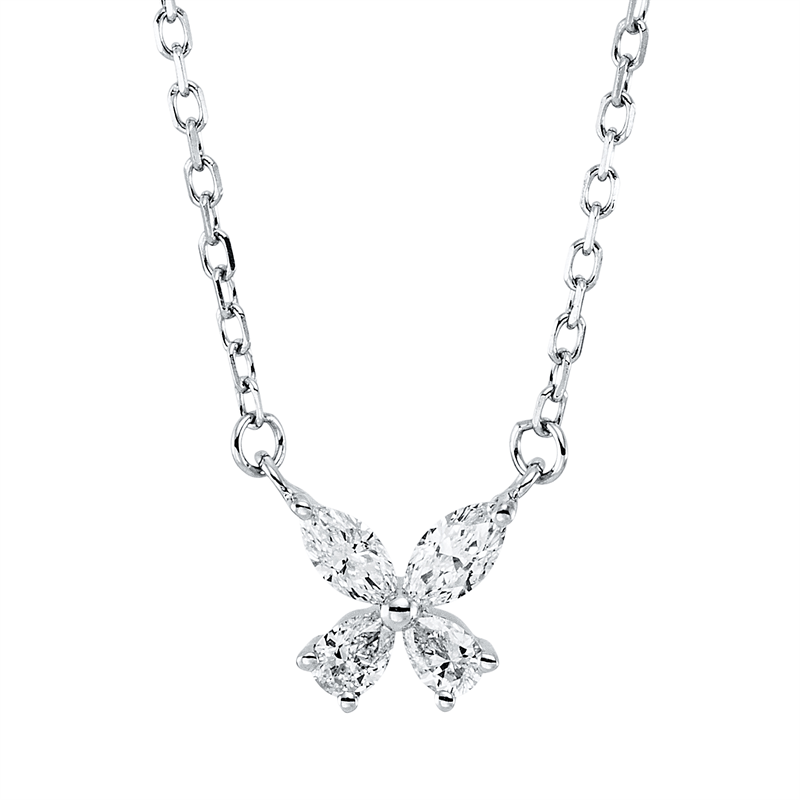 Collier 18 kt WG, mit ZÖ 40 cm, 2 Nav. 0,09 ct, TW-vsi, 2 Tropfen 0,07 ct, TW-vsi