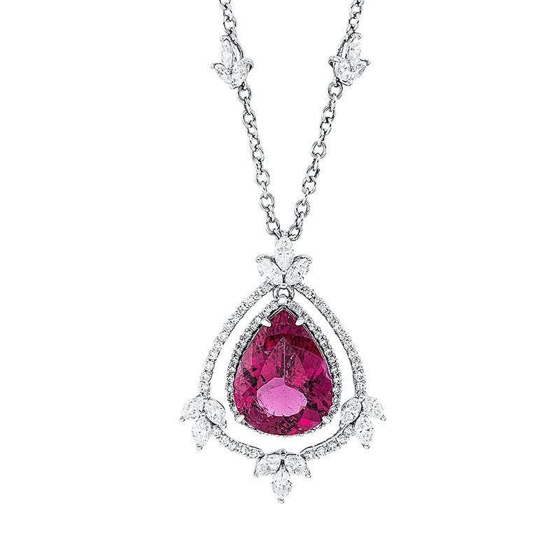 Collier 18 kt WG, 24 Nav. 2,41 ct, TW-vsi, 69 Brill. 0,63 ct, TW-si, 1 Rhodolith 9,51 ct rosé