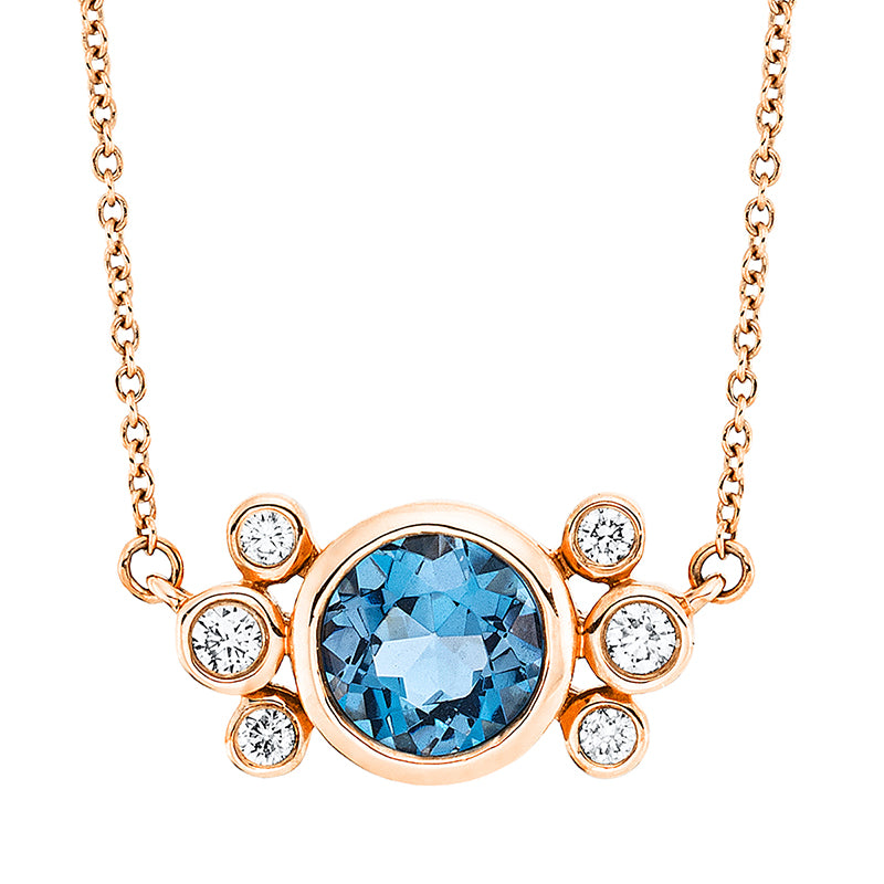 Collier 18 kt RG, mit ZÖ 44.5 cm, 6 Brill. 0,12 ct, TW-pi, 1 Topas 1,16 ct Lond. blue